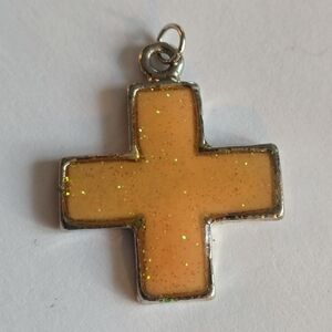 Plus sign pendant charm peach silver tone  glitter enamel